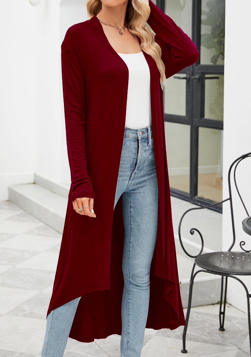 POGTMM Women's Long Open Front Drape Lightweight Duster High Low Hem Maxi Long Sleeve Cardigan (Wine Red, XL) - Image 2